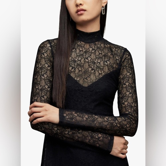 NWT All Saints Hanna Lace Black Asymmetrical Mock Neck Midi Dress Size US 8 - Picture 4 of 16